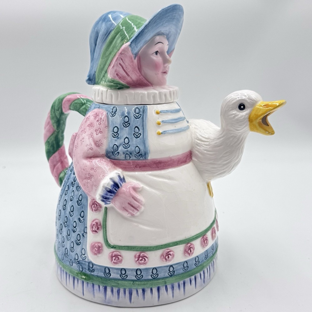 CottageCore Mother Goose Tea Pot by Shafford Tempest 1986 Woman & Duck GrannyCor
